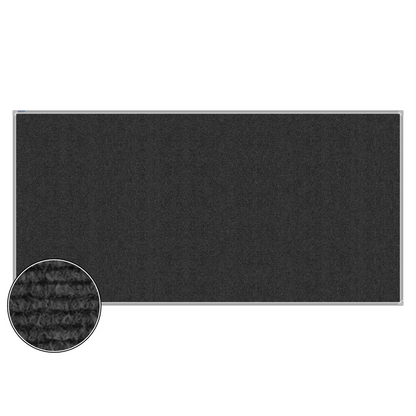 Charcoal carpet pin board, 1200mm x 2400mm, rectangular with a silver aluminium frame and a close-up inset of the woven texture