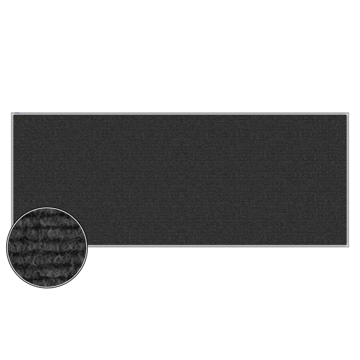 Charcoal carpet pin board, 1200mm x 3000mm, rectangular with a silver aluminium frame and a close-up inset of the woven texture