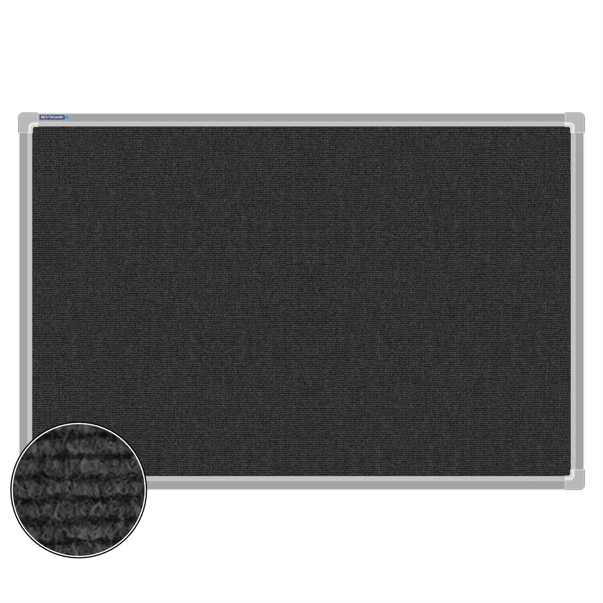 Charcoal carpet pin board, 600mm x 900mm, rectangular with a silver aluminium frame and a close-up inset of the woven texture