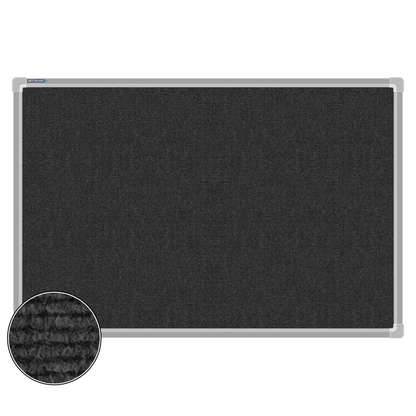 Charcoal carpet pin board, 600mm x 900mm, rectangular with a silver aluminium frame and a close-up inset of the woven texture