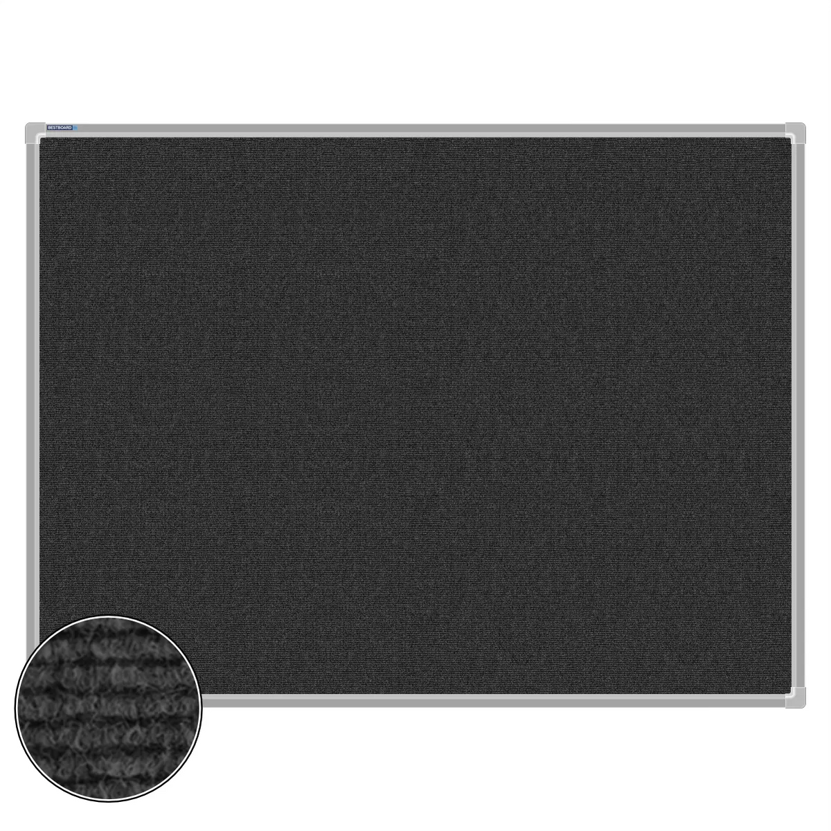 Charcoal carpet pin board, 900mm x 1200mm, rectangular with a silver aluminium frame and a close-up inset of the woven texture
