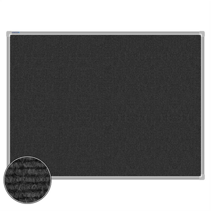 Charcoal carpet pin board, 900mm x 1200mm, rectangular with a silver aluminium frame and a close-up inset of the woven texture