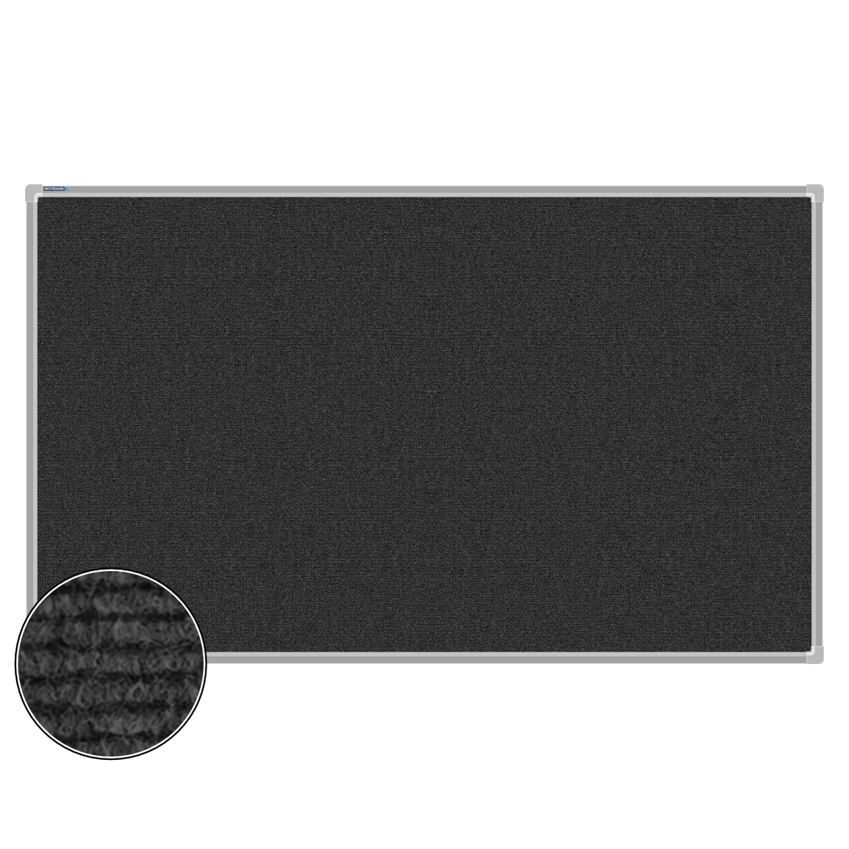 Charcoal carpet pin board, 900mm x 1500mm, rectangular with a silver aluminium frame and a close-up inset of the woven texture