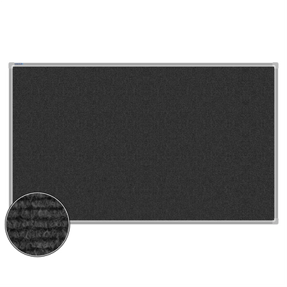 Charcoal carpet pin board, 900mm x 1500mm, rectangular with a silver aluminium frame and a close-up inset of the woven texture