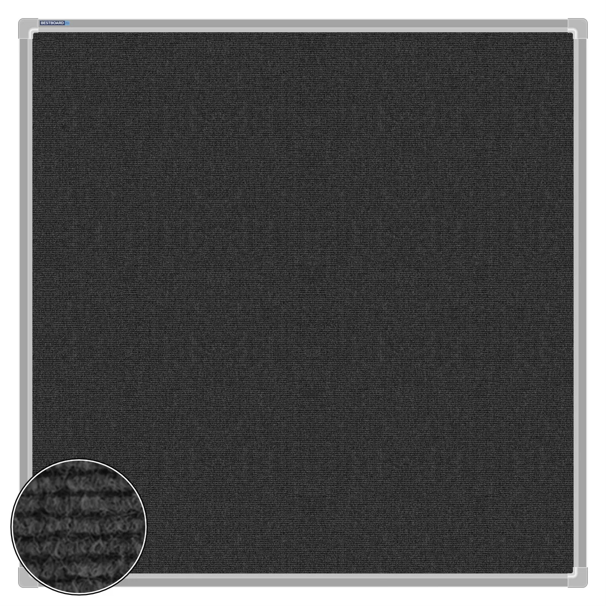 Charcoal carpet pin board, 900mm x 900mm, square with a silver aluminium frame and a close-up inset of the woven texture