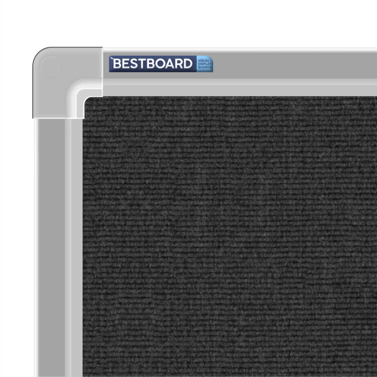 Close-up of a charcoal carpet pin board corner showing the Bestboard logo and the moulded silver aluminium frame