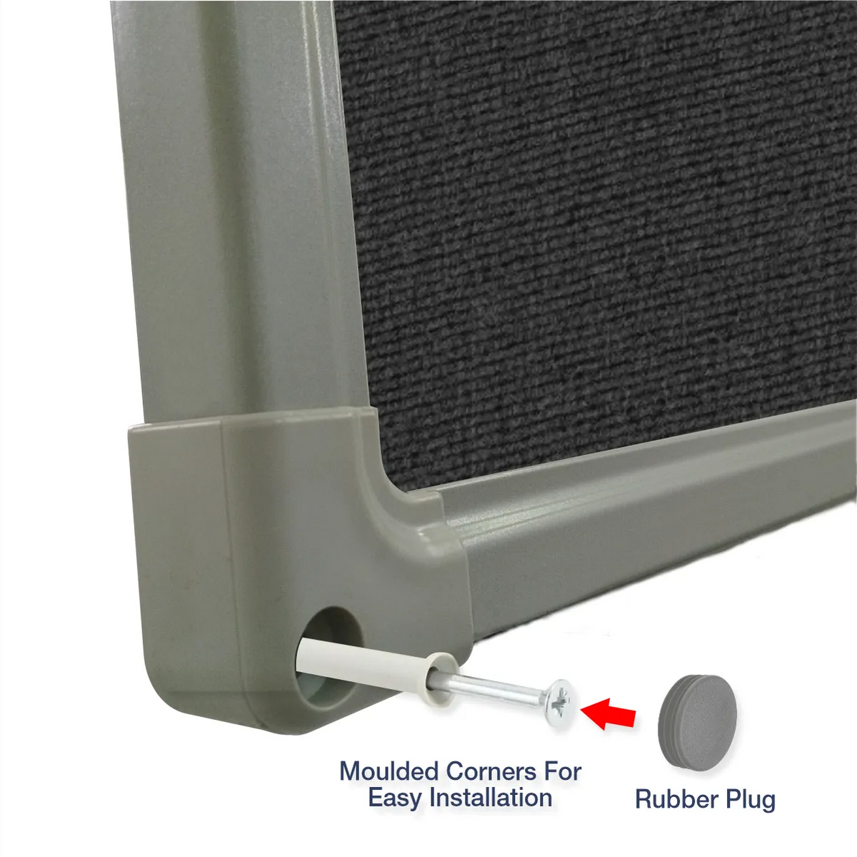 Exploded view of a charcoal carpet pin board corner showing the moulded corner piece and rubber plug for easy installation