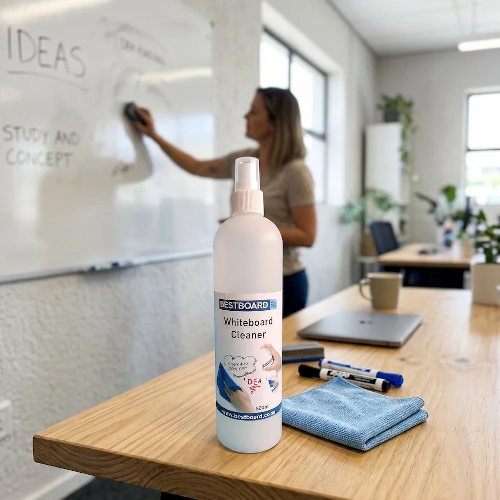 500ml bottle of BESTBOARD Whiteboard Cleaner on an office table with amrkers and a cloth.