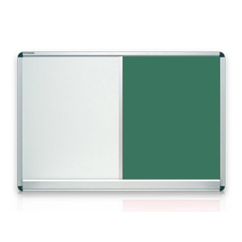 Combination board with a whiteboard on the left and a red felt notice board on the right, framed in aluminium