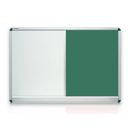 Combination board with a whiteboard on the left and a red felt notice board on the right, framed in aluminium