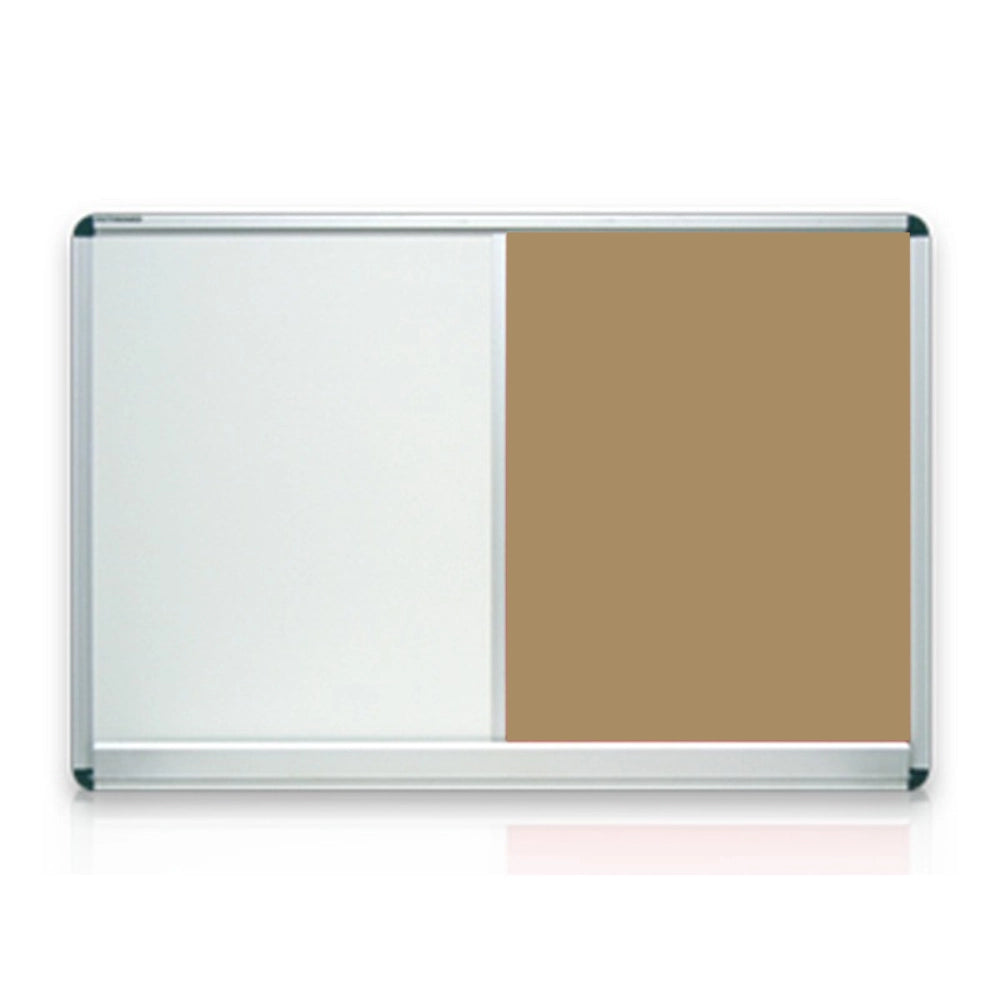 Combination board with a whiteboard on the left and a cork notice pin board on the right, framed in aluminium