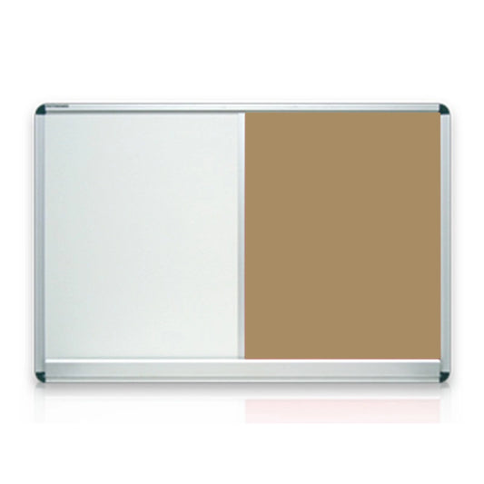 Combination board with a whiteboard on the left and a cork notice pin board on the right, framed in aluminium