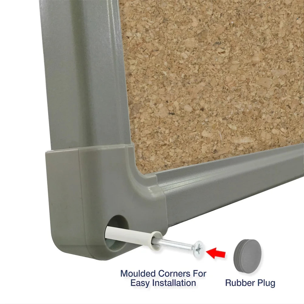 Close-up of a cork board corner with a moulded plastic frame showing an easy installation system, including a screw with a wall plug and a separate rubber plug for neat finishing