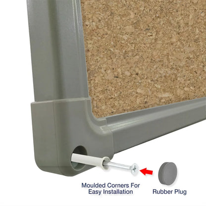 Close-up of a cork board corner with a moulded plastic frame showing an easy installation system, including a screw with a wall plug and a separate rubber plug for neat finishing