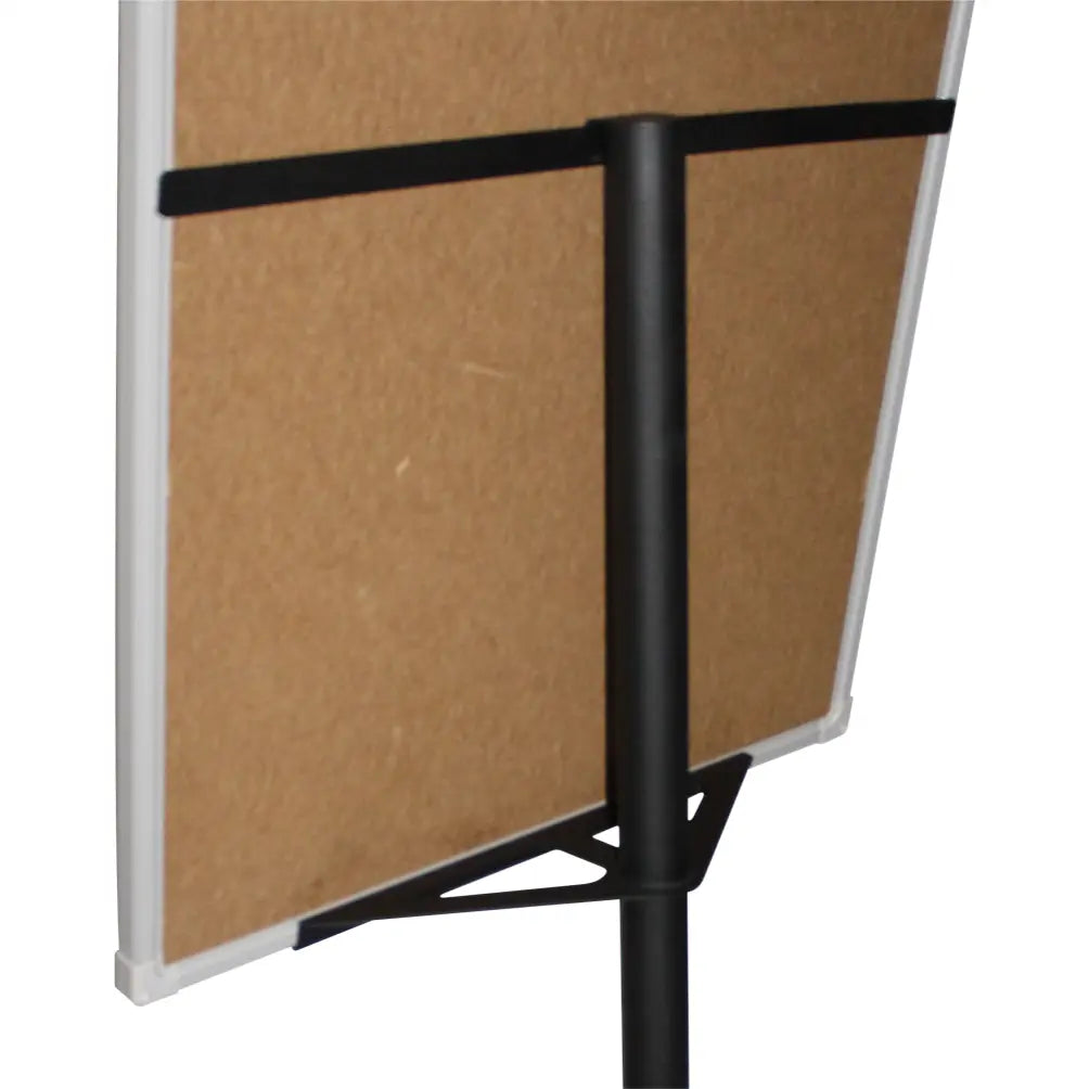 Picture from behind a flipchart - Brown board with black metal stand on a white background