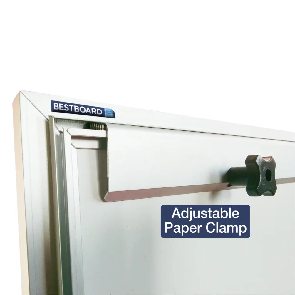 Adjustable paper clamp on a whiteboard with 'BestBoard' branding.