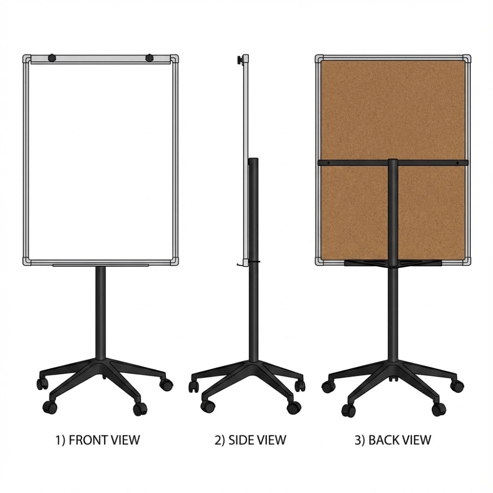 Three views of a freestanding whiteboard with wheels on a white background