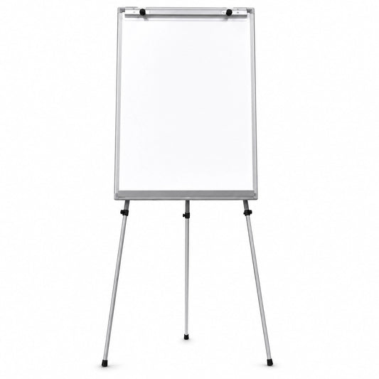 A Flip Chart Stand with telescopic legs, featuring an adjustable height and a whiteboard surface.