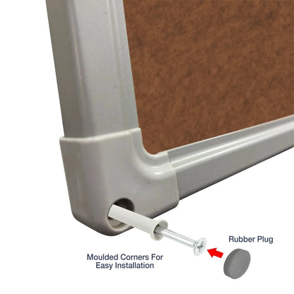 Close-up of a cork board corner with a moulded plastic frame showing an easy installation system, including a screw with a wall plug and a separate rubber plug for neat finishing