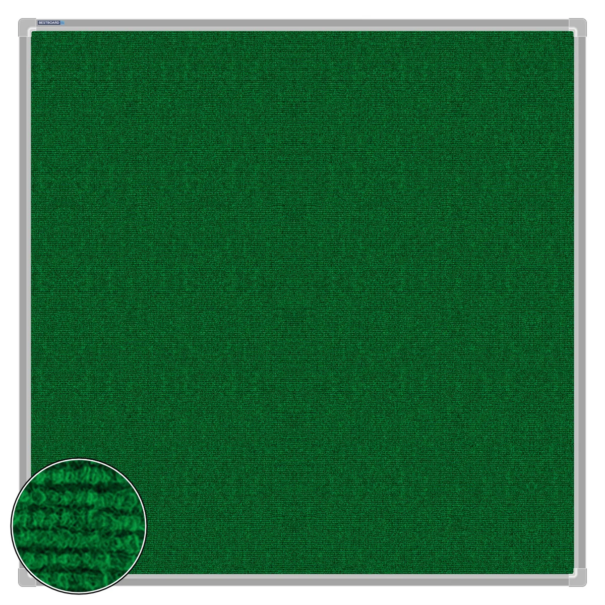 Green carpet pin board, 1000mm x 1000mm, square with a silver aluminium frame and a close-up inset of the woven texture
