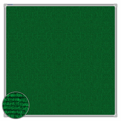 Green carpet pin board, 1000mm x 1000mm, square with a silver aluminium frame and a close-up inset of the woven texture