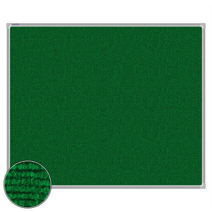 Green carpet pin board, 1000mm x 1200mm, rectangular with a silver aluminium frame and a close-up inset of the woven texture
