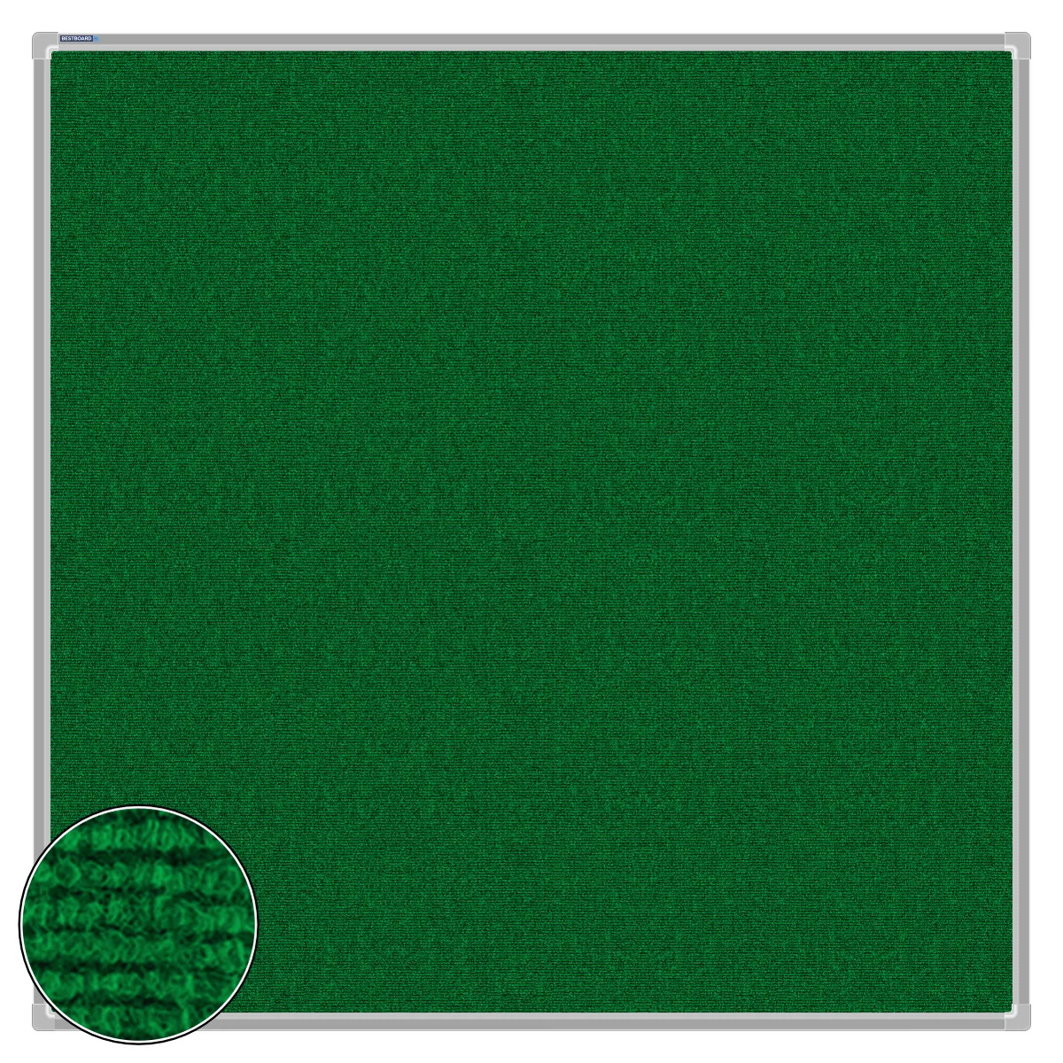 Green carpet pin board, 1200mm x 1200mm, square with a silver aluminium frame and a close-up inset of the woven texture