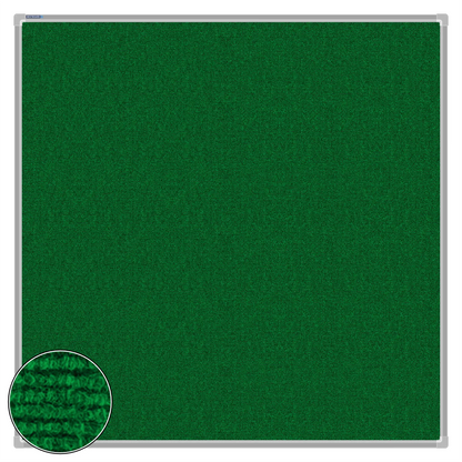 Green carpet pin board, 1200mm x 1200mm, square with a silver aluminium frame and a close-up inset of the woven texture