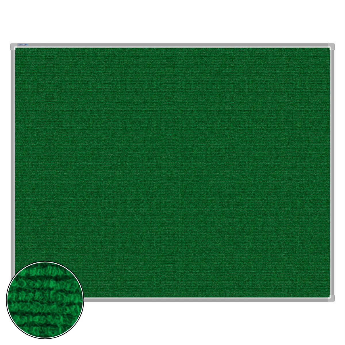 Green carpet pin board, 1200mm x 1500mm, rectangular with a silver aluminium frame and a close-up inset of the woven texture