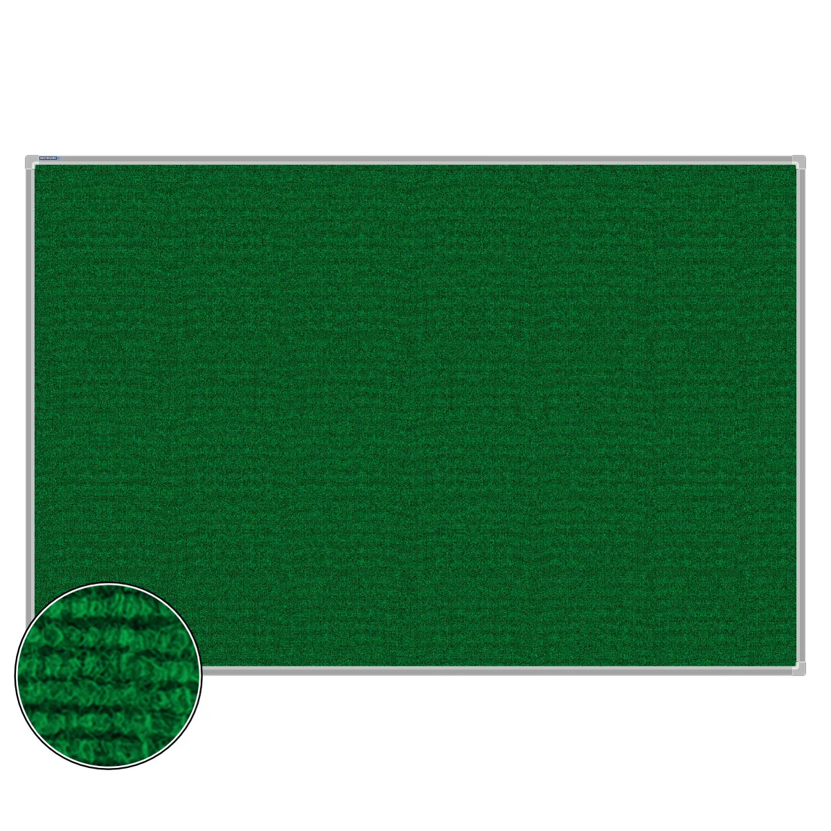 Green carpet pin board, 1200mm x 1800mm, rectangular with a silver aluminium frame and a close-up inset of the woven texture