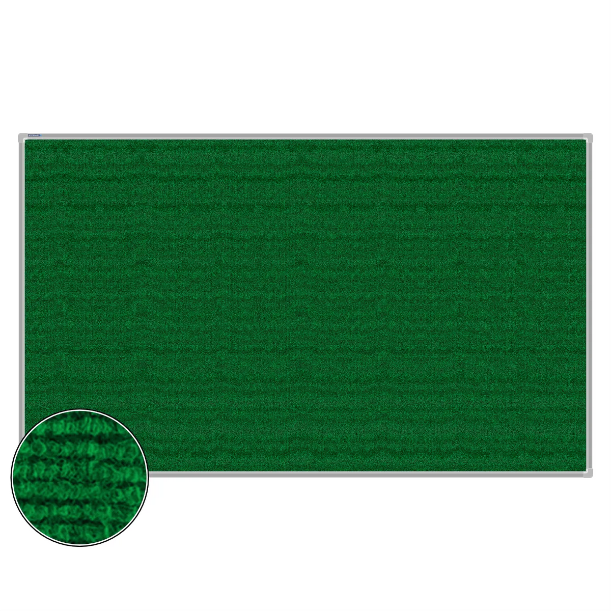 Green carpet pin board, 1200mm x 2000mm, rectangular with a silver aluminium frame and a close-up inset of the woven texture