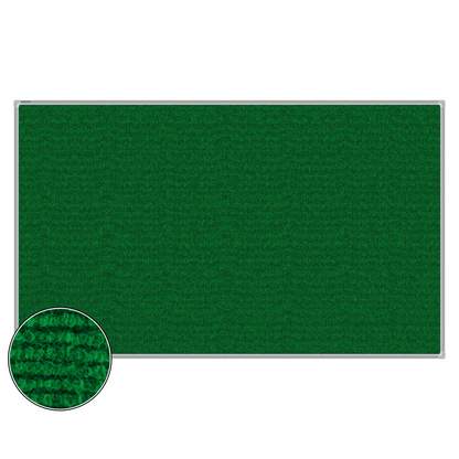 Green carpet pin board, 1200mm x 2000mm, rectangular with a silver aluminium frame and a close-up inset of the woven texture