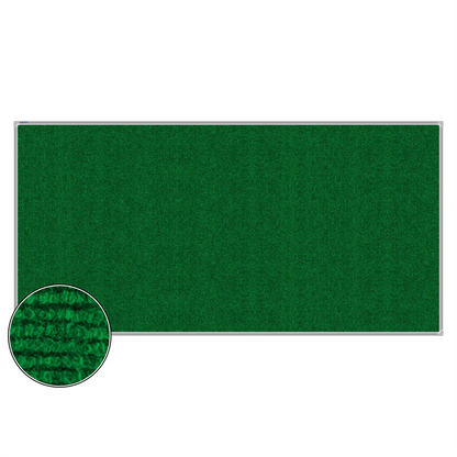 Green carpet pin board, 1200mm x 2400mm, rectangular with a silver aluminium frame and a close-up inset of the woven texture