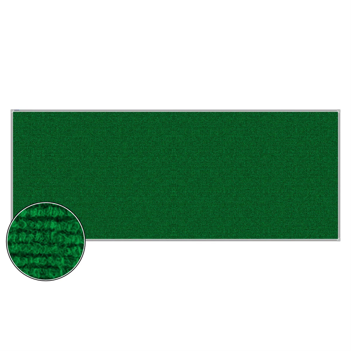 Green carpet pin board, 1200mm x 3000mm, rectangular with a silver aluminium frame and a close-up inset of the woven texture