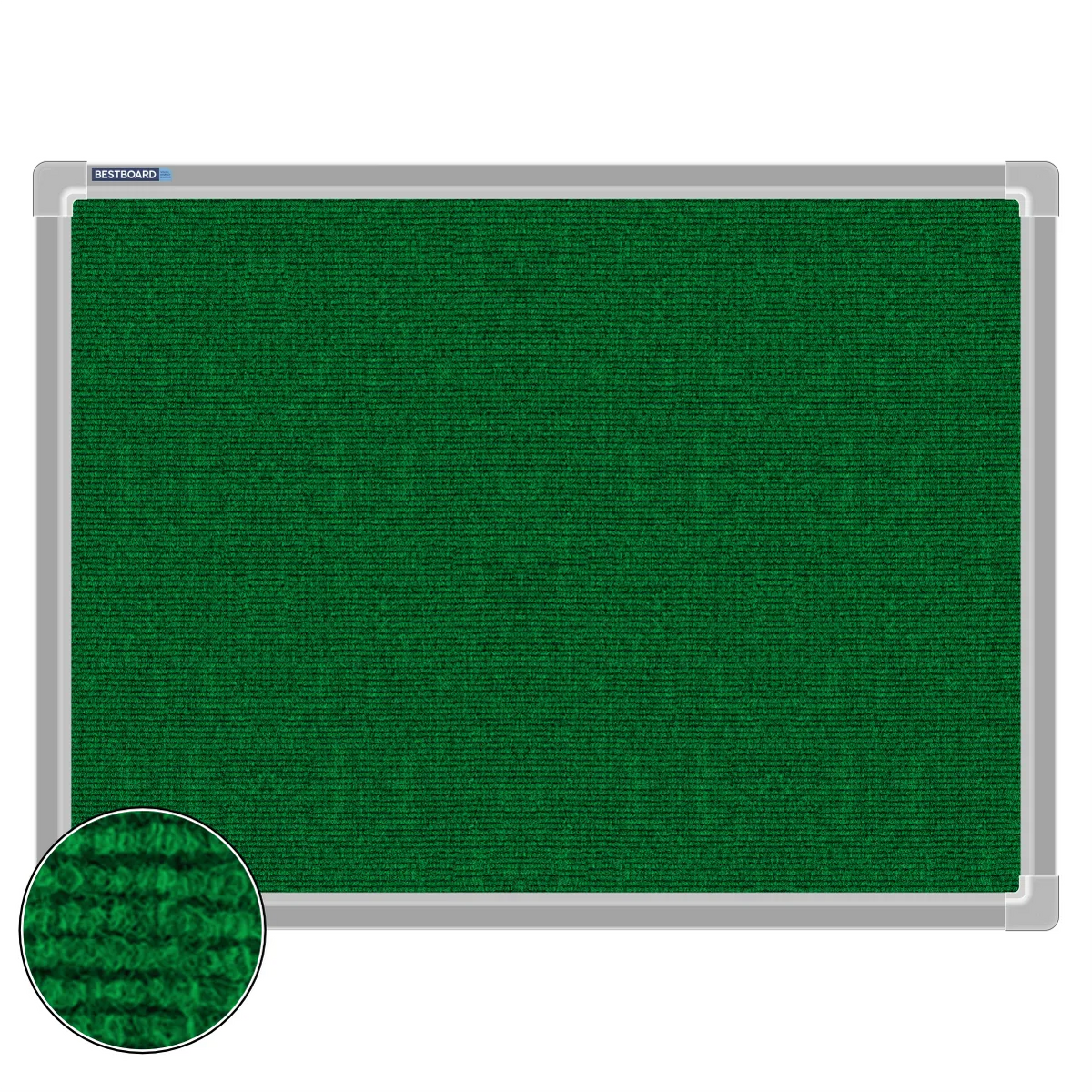 Green carpet pin board, 450mm x 600mm, rectangular with a silver aluminium frame and a close-up inset of the woven texture