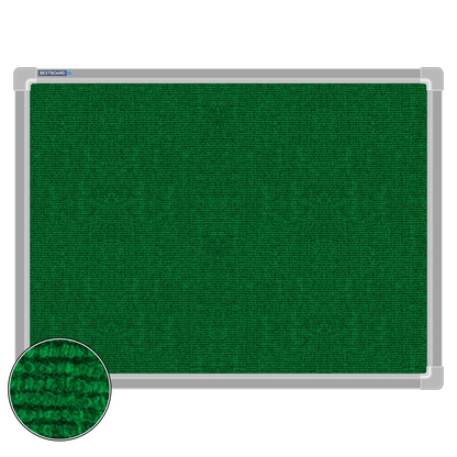 Green carpet pin board, 450mm x 600mm, rectangular with a silver aluminium frame and a close-up inset of the woven texture