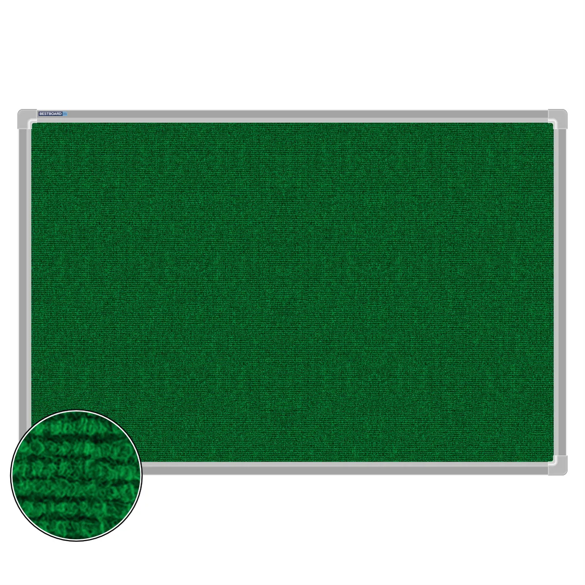 Green carpet pin board, 600mm x 900mm, rectangular with a silver aluminium frame and a close-up inset of the woven texture