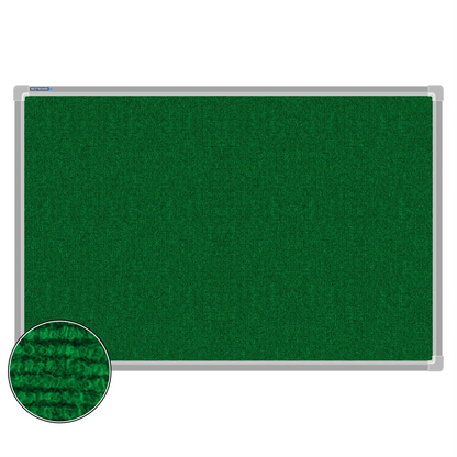 Green carpet pin board, 600mm x 900mm, rectangular with a silver aluminium frame and a close-up inset of the woven texture