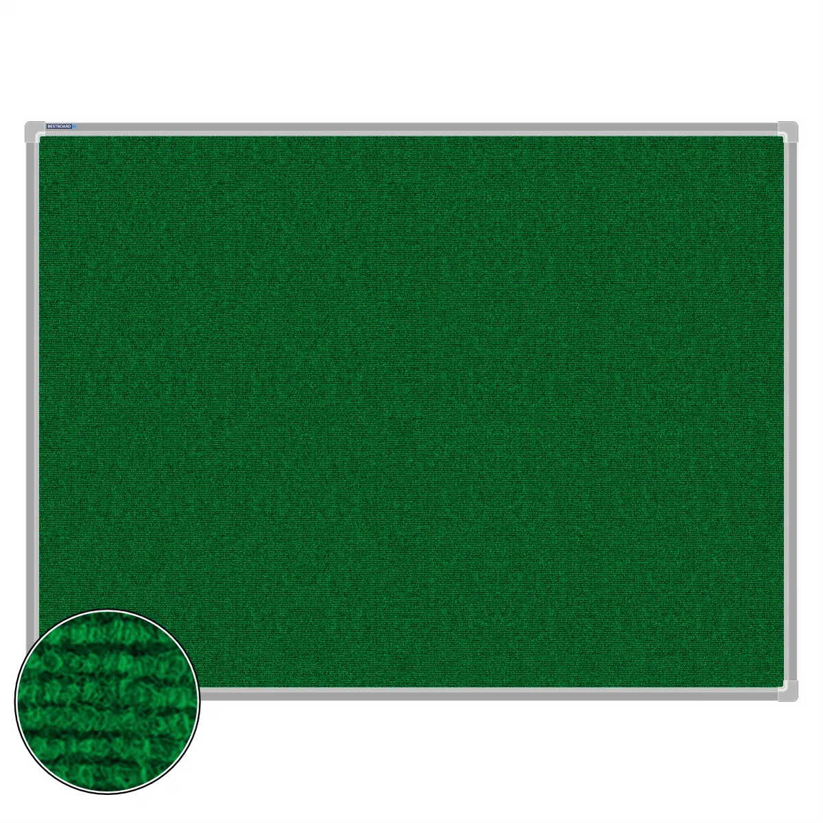 Green carpet pin board, 900mm x 1200mm, rectangular with a silver aluminium frame and a close-up inset of the woven texture