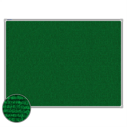 Green carpet pin board, 900mm x 1200mm, rectangular with a silver aluminium frame and a close-up inset of the woven texture