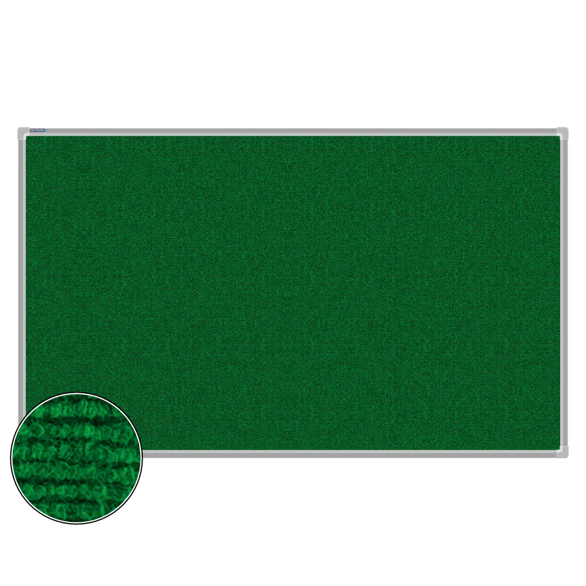 Green carpet pin board, 900mm x 1500mm, rectangular with a silver aluminium frame and a close-up inset of the woven texture