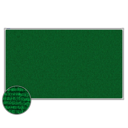 Green carpet pin board, 900mm x 1500mm, rectangular with a silver aluminium frame and a close-up inset of the woven texture