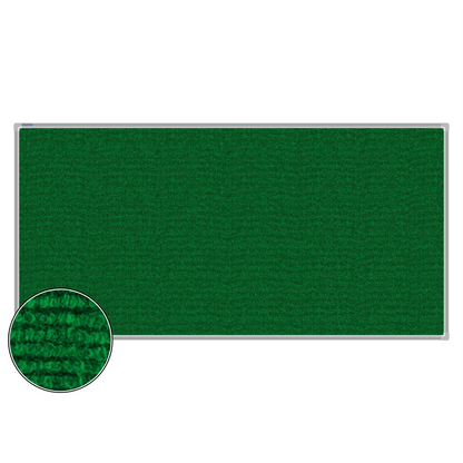 Green carpet pin board, 900mm x 1800mm, rectangular with a silver aluminium frame and a close-up inset of the woven texture