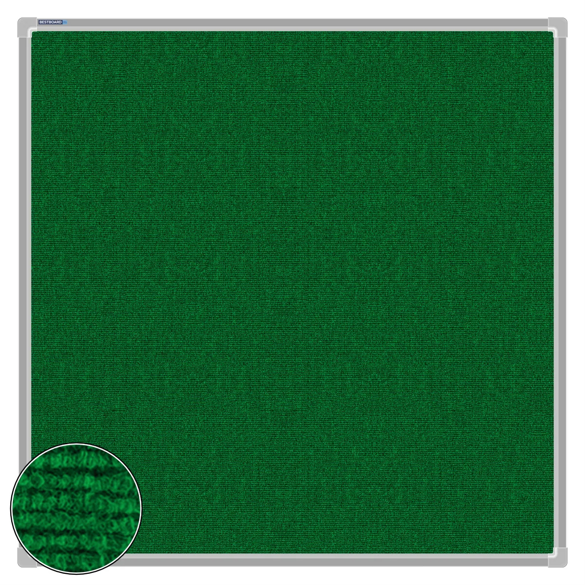 Green carpet pin board, 900mm x 900mm, square with a silver aluminium frame and a close-up inset of the woven texture