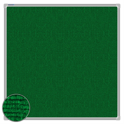 Green carpet pin board, 900mm x 900mm, square with a silver aluminium frame and a close-up inset of the woven texture