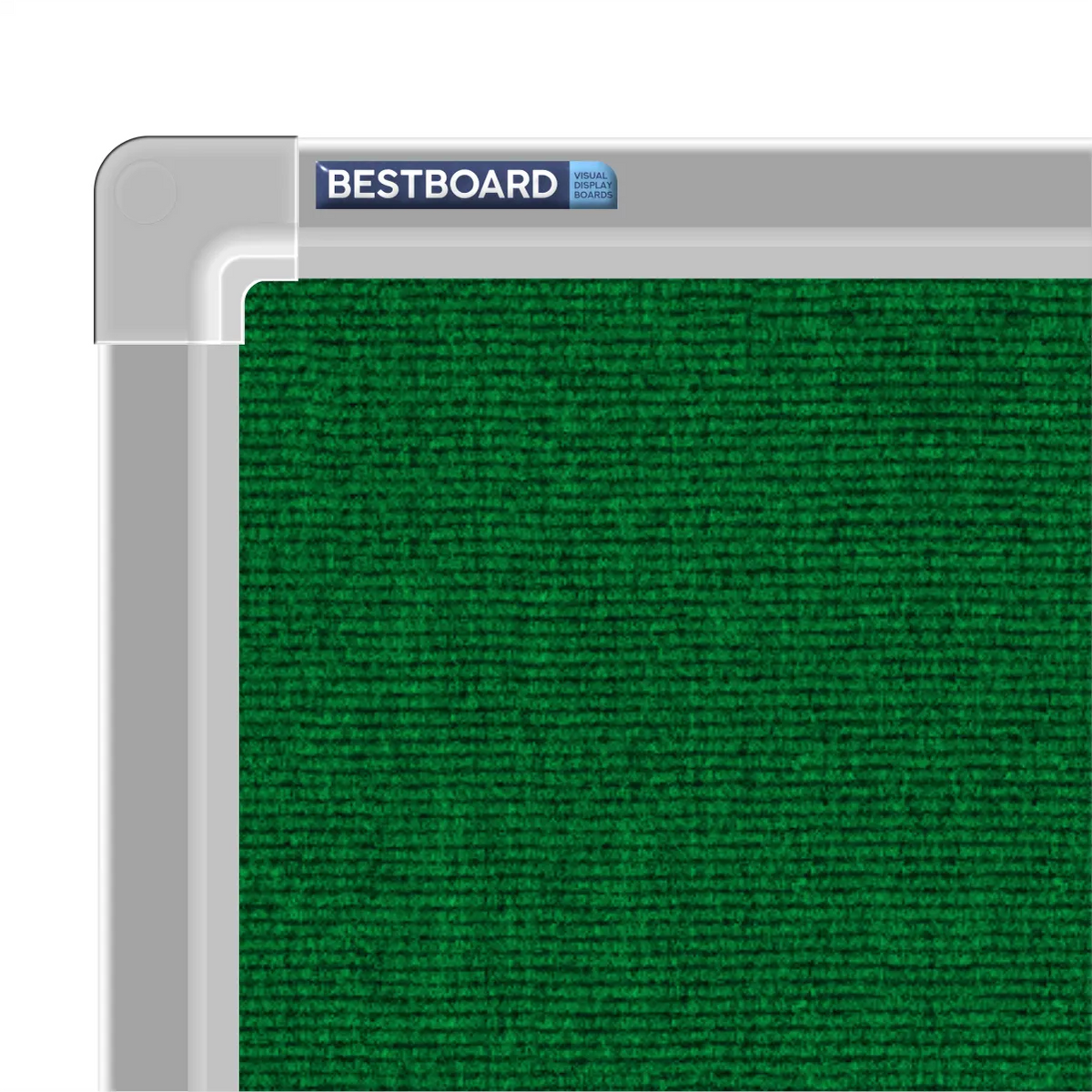 Close-up of a green carpet pin board corner showing the Bestboard logo and the moulded silver aluminium frame