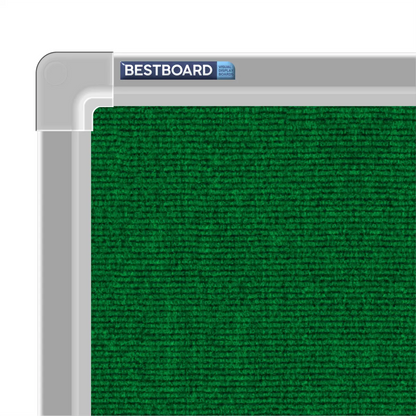 Close-up of a green carpet pin board corner showing the Bestboard logo and the moulded silver aluminium frame