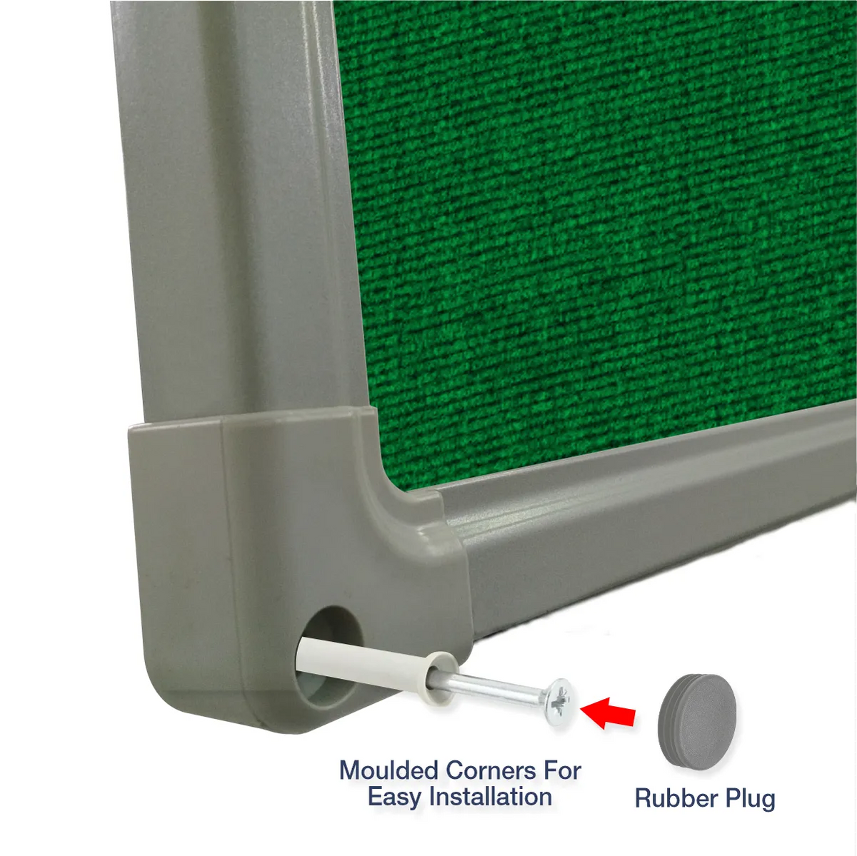 Exploded view of a green carpet pin board corner showing the moulded corner piece and rubber plug for easy installation