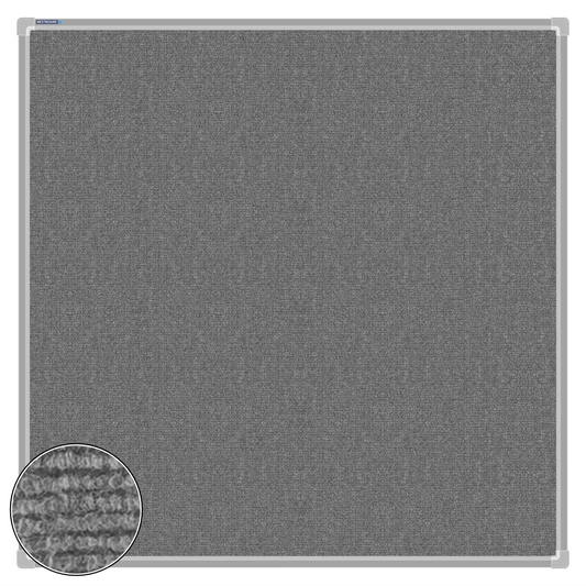Grey carpet pin board, 1000mm x 1000mm, square with a silver aluminium frame and a close-up inset of the woven texture