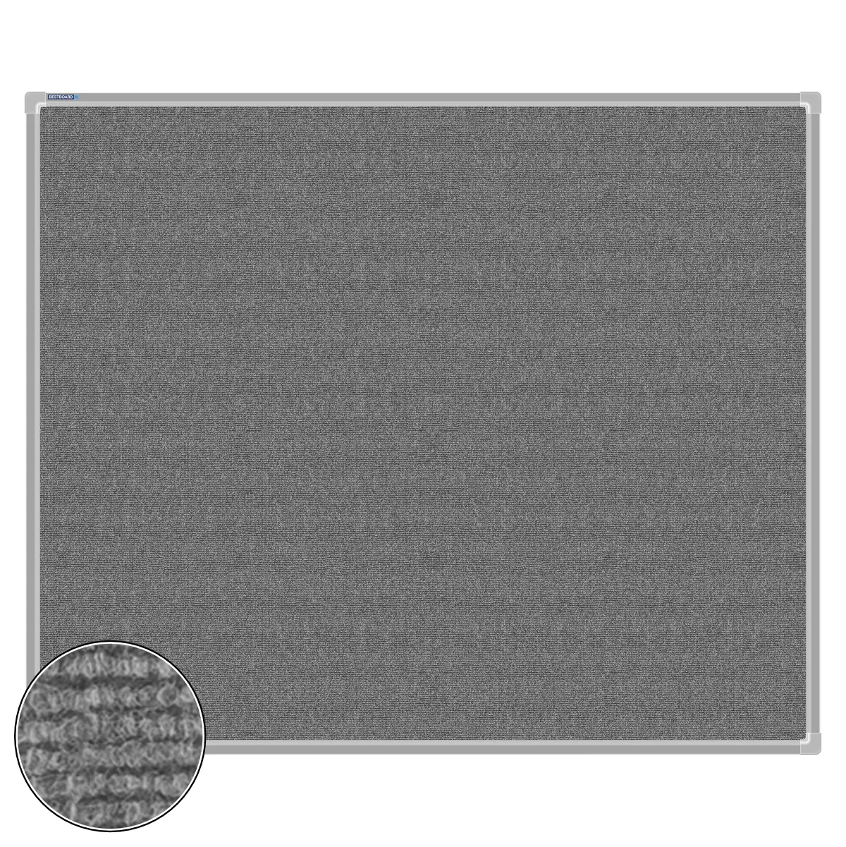 Grey carpet pin board, 1000mm x 1200mm, rectangular with a silver aluminium frame and a close-up inset of the woven texture